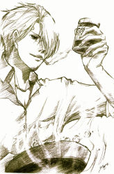 Rule 34 | 1boy, chef, cigarette, collared shirt, cooking, food, frying pan, greyscale, hair over one eye, highres, male focus, monochrome, one piece, sanji (one piece), shirt, smoking, solo