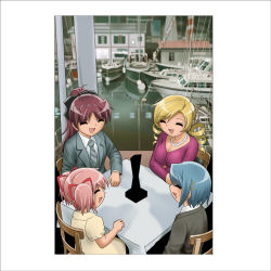 Rule 34 | 4girls, album cover redraw, blonde hair, blue hair, boat, breasts, closed eyes, derivative work, drill hair, formal, hair ornament, hairclip, jewelry, kaname madoka, large breasts, led zeppelin, long hair, mahou shoujo madoka magica, mahou shoujo madoka magica (anime), maroon hair, miki sayaka, multiple girls, necklace, necktie, open mouth, parody, photo background, pink hair, ponytail, presence (album), sakura kyoko, shingyouji tatsuya, short hair, short twintails, sitting, suit, tomoe mami, twin drills, twintails, watercraft