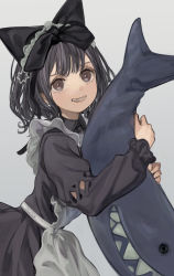 Rule 34 | 1girl, absurdres, animal ears, apron, black bow, black dress, black hair, bow, brown eyes, cat ears, commentary request, dress, fake animal ears, grey background, grin, hair bow, highres, holding, holding stuffed toy, leaning forward, long sleeves, looking at viewer, maid, maid apron, hugging object, original, parted lips, short hair, simple background, smile, solo, stuffed animal, stuffed shark, stuffed toy, tokiwata soul, upper body, white apron
