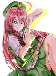 Rule 34 | 1girl, absurdres, beret, blouse, braid, breasts, collared shirt, commentary request, cowboy shot, fighting stance, green eyes, green hat, green skirt, green vest, hair between eyes, hat, hat ornament, highres, hong meiling, large breasts, long hair, looking at viewer, mahoro (minase mahoro), nail polish, pink nails, polka dot, polka dot background, red hair, shirt, simple background, skirt, sleeves rolled up, solo, star (symbol), star hat ornament, teeth, thighs, touhou, twin braids, v-shaped eyebrows, very long hair, vest, white background, white shirt, yellow background