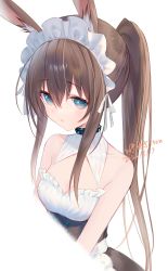 Rule 34 | 1girl, alternate costume, amiya (arknights), animal ear fluff, animal ears, arknights, bare shoulders, black choker, blue eyes, breasts, choker, cleavage, corset, cropped torso, dated, detached collar, enmaided, hair between eyes, highres, long hair, looking at viewer, maid, maid headdress, ookamisama, parted lips, ponytail, rabbit ears, sidelocks, signature, simple background, small breasts, solo, strapless, upper body, white background