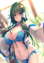 Rule 34 | 1girl, bare shoulders, between breasts, blue bra, blue eyes, blue panties, blurry, blurry background, blush, bra, breasts, cleavage, collarbone, collared shirt, commentary request, cowboy shot, detached sleeves, frog hair ornament, gohei, green hair, groin, hair between eyes, hair ornament, hair tubes, highres, japanese clothes, kochiya sanae, large breasts, liya, long hair, looking at viewer, midriff, miko, navel, no pants, nontraditional miko, open clothes, open shirt, panties, parted lips, shirt, sidelocks, sleeveless, sleeveless shirt, snake hair ornament, solo, standing, touhou, underwear, white shirt