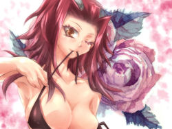 Rule 34 | 1girl, armpits, black bra, bra, breasts, brown eyes, cleavage, drill, flower, hair ornament, izayoi aki, large breasts, long hair, mugicha (sukimachaya), red flower, red hair, red rose, rose, smile, solo, strap pull, underwear, undressing, wink, yu-gi-oh!, yu-gi-oh! 5d&#039;s