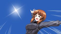 Rule 34 | 1girl, arms up, blue background, brown hair, commentary request, diffraction spikes, dress shirt, emphasis lines, frown, girls und panzer, grey shirt, highres, kamishima kanon, kuromorimine school uniform, long sleeves, nishizumi miho, open mouth, outstretched arms, school uniform, shirt, short hair, simple background, solo, spread arms, tracen ondo (song), wing collar