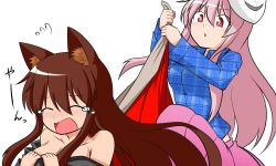 Rule 34 | 2girls, animal ears, bare shoulders, blush, breasts, brown hair, bubble skirt, cleavage, clothes pull, collarbone, crying, dress, dress pull, expressionless, flying sweatdrops, hata no kokoro, imaizumi kagerou, large breasts, long hair, long sleeves, mask, mask on head, multiple girls, nose blush, off-shoulder dress, off shoulder, one-hour drawing challenge, pink hair, pink skirt, plaid, plaid shirt, pulling another&#039;s clothes, red eyes, shirt, skirt, sumiya nadateru, touhou, undressing, wolf ears