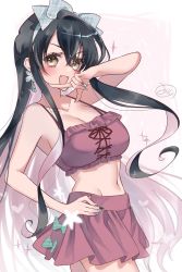 Rule 34 | 1girl, alternate costume, black hair, blue bow, blue hairband, blush, bow, bow hairband, breasts, brown eyes, cleavage, commentary request, crop top, crossed bangs, earrings, fang, hair between eyes, hairband, hand on own hip, heart, highres, jewelry, kantai collection, large breasts, long hair, looking at viewer, mizoredama1, multicolored hair, multicolored nails, naganami (kancolle), nail polish, pink hair, pink skirt, signature, simple background, skirt, solo, sparkle, very long hair