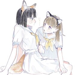 2girls all_fours animal_ear_hairband animal_ears black_hair black_hairband blunt_bangs blunt_ends braid brown_hair brown_hairband cat_ear_hairband cat_ears center-flap_bangs commentary dress eye_contact fake_animal_ears fake_tail fox_ears fox_tail green_eyes hairband hasu_no_sora_school_uniform highres invisible_chair kachimachi_kosuzu link!_like!_love_live! long_hair looking_at_another love_live! momose_ginko multiple_girls nyan pink_eyes platunoy_787 puffy_short_sleeves puffy_sleeves school_uniform short_hair short_sleeves side_ahoge side_braids simple_background sitting straight_hair summer_uniform sweatdrop tail virtual_youtuber white_background white_dress