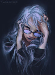 Rule 34 | 1girl, blue eyes, blue lips, blue theme, chromatic aberration, commentary, english commentary, freckles, glasses, grey background, highres, lipstick, long hair, looking at viewer, makeup, original, sketch, solo, third-party source, upper body, watermark, web address, white hair, yuumei
