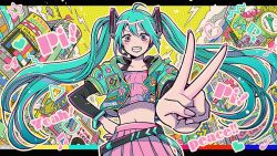 Rule 34 | 1girl, ahoge, aqua hair, beamed eighth notes, city, cloud, colorful, commentary request, cowboy shot, crop top, cropped jacket, eighth note, grin, hand on own hip, hatsune miku, headset, heart, highres, jacket, kohaku ame, lightning bolt symbol, long hair, long sleeves, looking at viewer, midriff, multicolored eyes, musical note, nail polish, navel, outdoors, outstretched arm, pink nails, pink skirt, skirt, sky, smile, solo, star (symbol), twintails, v, very long hair, vocaloid, yellow sky