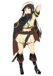 Rule 34 | 1girl, adapted costume, akitetsu, bad id, bad twitter id, bandolier, black hair, blunt bangs, braid, cape, cosplay, frown, hand on own hip, hat, highres, kantai collection, kiso (kancolle), kiso (kancolle) (cosplay), kitakami (kancolle), long hair, midriff, navel, pleated skirt, school uniform, serafuku, skirt, solo, sword, weapon, white background