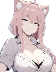 Rule 34 | 1girl, absurdres, ahoge, animal ear fluff, animal ears, blue eyes, breasts, cat ears, cleavage, collarbone, commentary, hair intakes, highres, large breasts, long hair, looking at viewer, neko (solution1988), original, pink hair, shirt, short sleeves, smile, solo, upper body, white shirt