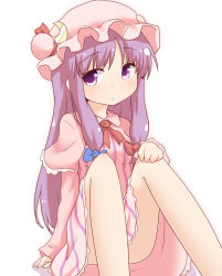 Rule 34 | 1girl, bow, dress, expressionless, hair bow, hat, mob cap, natsu no koucha, patchouli knowledge, purple eyes, purple hair, short hair, simple background, sitting, striped clothes, striped dress, touhou, white background