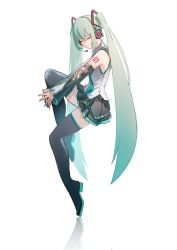Rule 34 | 1girl, aqua hair, aqua nails, aqua necktie, arm tattoo, bare shoulders, black footwear, black skirt, boots, closed eyes, closed mouth, collared shirt, detached sleeves, facing to the side, from side, full body, hair ornament, hatsune miku, headset, highres, hugging own legs, interlocked fingers, invisible chair, jiu ye sang, knee up, long hair, looking at viewer, miniskirt, nail polish, necktie, outstretched arms, own hands together, photo-referenced, plantar flexion, pleated skirt, shirt, simple background, sitting, skirt, smile, solo, tattoo, thigh boots, twintails, very long hair, vocaloid, white background, white shirt