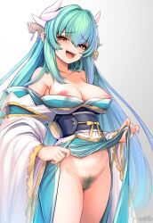 Rule 34 | 1girl, bare shoulders, blush, breasts, collarbone, dragon girl, dragon horns, fate/grand order, fate (series), female pubic hair, green hair, green kimono, highres, horns, japanese clothes, kimono, kiyohime (fate), lifting own clothes, long hair, long sleeves, looking at viewer, medium breasts, multiple horns, nipple slip, nipples, no panties, obi, off shoulder, open mouth, pubic hair, sash, smile, solo, thighhighs, thighs, white thighhighs, wide sleeves, wisespeak, yellow eyes