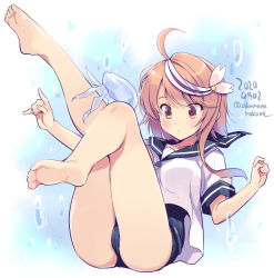 Rule 34 | 1girl, ahoge, barefoot, black one-piece swimsuit, blue sailor collar, blush, commentary, dated, i-58 (kancolle), jellyfish, kantai collection, neckerchief, odawara hakone, one-piece swimsuit, pink eyes, pink hair, pink neckerchief, sailor collar, school swimsuit, school uniform, serafuku, short hair, short sleeves, solo, swimsuit, swimsuit under clothes, twitter username, underwater