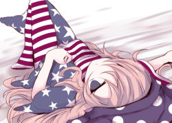 Rule 34 | 1girl, american flag dress, american flag legwear, american flag shirt, beni shake, blonde hair, blue eyes, clownpiece, hat, jester cap, jitome, knees up, long hair, looking at viewer, lying, on back, outstretched arm, pantyhose, polka dot, short sleeves, solo, star (symbol), star print, striped clothes, striped pantyhose, touhou, very long hair