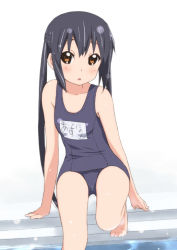 Rule 34 | 1girl, :o, arm support, barefoot, black hair, blush, brown eyes, errant, k-on!, long hair, nakano azusa, name tag, one-piece swimsuit, school swimsuit, sitting, solo, swimsuit, twintails, very long hair, water