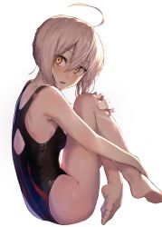 Rule 34 | 1girl, ahoge, akieda, alternate costume, armpits, artoria pendragon (fate), back, backlighting, barefoot, black one-piece swimsuit, blonde hair, braid, braided bun, commentary request, crossed legs, crown braid, dilated pupils, fate/grand order, fate/stay night, fate (series), french braid, from side, full body, hair between eyes, hair bun, head tilt, highres, hugging own legs, looking at viewer, mysterious heroine x alter (fate), one-piece swimsuit, parted bangs, simple background, single hair bun, sitting, solo, surprised, swimsuit, white background, wide-eyed, yellow eyes