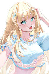 Rule 34 | 1girl, absurdres, arm up, blonde hair, blue bow, blue eyes, blue shirt, blush, bow, braid, cropped shirt, hair bow, hair ornament, highres, hololive, kazama iroha, kazama iroha (streetwear), leaf hair ornament, long hair, looking at viewer, minase03mio, official alternate costume, shirt, smile, solo, teeth, twin braids, upper body, upper teeth only, virtual youtuber, white background