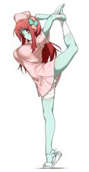 Rule 34 | 1girl, absurdres, bandaged leg, bandages, breasts, colored skin, commentary, full body, green skin, hair ornament, hands on own leg, hat, hatakenaka (kamagabuchi), highres, large breasts, leg up, long hair, looking at viewer, minamoto sakura, red eyes, red hair, sandals, scar, scar on face, scar on forehead, short sleeves, simple background, solo, split, standing, standing on one leg, standing split, tiptoes, white background, white footwear, zombie, zombie girl, zombie land saga