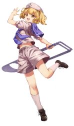 Rule 34 | 1girl, :d, absurdres, anchor print, anchor symbol, bad anatomy, blonde hair, blue neckwear, blue serafuku, brown footwear, chair, commentary request, commission, folding chair, from below, full body, hand up, hat, highres, holding, kitashirakawa chiyuri, looking at viewer, looking back, midriff, navel, open mouth, sailor hat, school uniform, serafuku, shirt, short hair, short sleeves, shorts, simple background, skeb commission, smile, socks, solo, standing, standing on one leg, teeth, touhou, twintails, twisted torso, upper teeth only, v-shaped eyebrows, white background, white shirt, white shorts, white socks, yanyan (shinken gomi), yellow eyes
