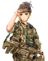 Rule 34 | 1girl, assault rifle, blonde hair, bullpup, camouflage, cowboy shot, fn ag-c/eglm, green eyes, grenade launcher, gun, hat, hat feather, highres, jpc, military, military uniform, modular weapon system, original, rifle, simple background, slouch hat, smile, soldier, solo, steyr aug, steyr gl 40, transforming weapon, under-barrel configuration, underbarrel grenade launcher, uniform, weapon, white background