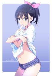 Rule 34 | 1girl, black hair, blue background, blue eyes, blue shorts, border, commentary request, cowboy shot, dated, denim, denim shorts, food, food in mouth, hair between eyes, hair ribbon, highres, lifting own clothes, looking at viewer, monai-chan (nii manabu), mouth hold, navel, nii manabu, original, outside border, pink ribbon, popsicle, ribbon, shirt, short hair, short ponytail, short shorts, short sleeves, shorts, sidelocks, signature, solo, undressing, white border, white shirt