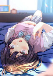 Rule 34 | 1girl, alarm clock, black eyes, black hair, blue bow, blue bowtie, blurry, blurry background, blurry foreground, blush, bob cut, bow, bowtie, breasts, checkered clothes, checkered skirt, clock, diagonal-striped bow, fushimi asuha, hand on own stomach, highres, large breasts, light rays, looking at viewer, lying, on bed, open mouth, original, pink sweater vest, plaid, plaid skirt, pleated skirt, school uniform, short hair, short sleeves, skirt, sunbeam, sunlight, sweater vest, uniform, unworn eyewear