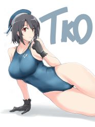Rule 34 | 10s, 1girl, arena (company), bare shoulders, beret, black hair, blush, breasts, competition swimsuit, female focus, gloves, halcon, hat, highres, kantai collection, large breasts, looking at viewer, lying, on side, one-piece swimsuit, red eyes, short hair, simple background, smile, solo, swimsuit, takao (kancolle), thigh gap
