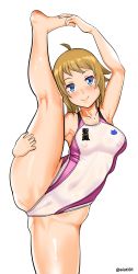 Rule 34 | 1girl, absurdres, ahoge, aiuti, barefoot, blue eyes, brown hair, clothes writing, commentary request, commission, competition swimsuit, covered erect nipples, cowboy shot, gundam, gundam build fighters, gundam build fighters try, highres, hoshino fumina, multicolored clothes, multicolored swimsuit, one-piece swimsuit, pixiv commission, see-through, short hair, simple background, solo, split, standing, standing on one leg, standing split, swimsuit, white background, white one-piece swimsuit