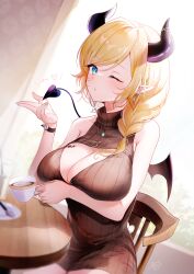 Rule 34 | 1girl, absurdres, alternate costume, alternate hairstyle, blonde hair, blue eyes, blush, braid, breast tattoo, breasts, chair, cleavage cutout, clothing cutout, coffee cup, cup, day, demon tail, disposable cup, highres, hololive, horns, jura, large breasts, nails, one eye closed, sending kiss, sitting, sunlight, tail, tattoo, virtual youtuber, yuzuki choco