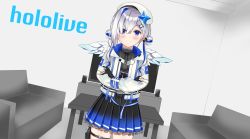Rule 34 | 1girl, absurdres, amane kanata, angel, angel wings, blue eyes, blush, fingerless gloves, gloves, hair ornament, highres, hololive, jewelry, kiniro tofu, multicolored hair, necklace, official alternate costume, skirt, virtual youtuber, wings