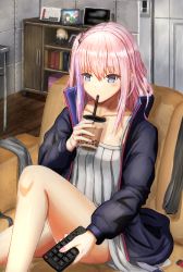 1girl, absurdres, black jacket, blue eyes, bubble tea, collarbone, controller, cup, dinergate (girls frontline), disposable cup, dress, drinking, drinking straw, fusou (fuso0205), girls frontline, highres, holding, holding cup, huge filesize, indoors, jacket, long hair, long sleeves, m4 sopmod ii jr, m4a1 (girls frontline), multicolored hair, nail polish, pink hair, pink nails, purple hair, remote control, sitting, solo, st ar-15 (girls frontline), streaked hair, white dress