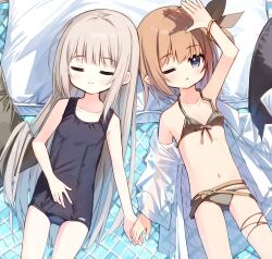 Rule 34 | 2girls, ;o, arm up, armpits, bare arms, bare shoulders, bikini, black bikini, black one-piece swimsuit, breasts, brown hair, closed eyes, closed mouth, collarbone, commentary request, grey hair, halterneck, healer girl (yuuhagi (amaretto-no-natsu)), jacket, long hair, lucena winter, lying, multiple girls, navel, off shoulder, old school swimsuit, on back, one-piece swimsuit, one eye closed, open clothes, open jacket, original, parted lips, school swimsuit, see-through, small breasts, smile, swimsuit, very long hair, white jacket, yuuhagi (amaretto-no-natsu)