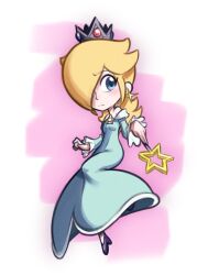 Rule 34 | 1girl, bare shoulders, blonde hair, blue dress, blue eyes, blue gemstone, blush, breasts, closed mouth, crown, dress, earrings, female focus, frilled dress, frilled sleeves, frills, full body, gem, grey headwear, hair over one eye, high heels, highres, holding, holding wand, jewelry, long dress, long hair, long sleeves, looking to the side, mario (series), mike&#039;s scibbles, nintendo, off-shoulder dress, off shoulder, one eye covered, pink background, purple footwear, red gemstone, rosalina, shoes, sidelocks, simple background, small breasts, solo, split mouth, star (symbol), star earrings, super mario galaxy, wand
