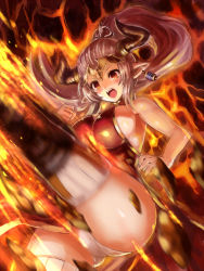 Rule 34 | 10s, 1girl, :d, aliza (granblue fantasy), bare shoulders, blush, breasts, china dress, chinese clothes, clenched hand, draph, dress, earrings, edobox, elf, fire, floating hair, forehead protector, from below, granblue fantasy, high ponytail, horns, impossible clothes, impossible dress, jewelry, kicking, large breasts, long hair, motion blur, naked tabard, no bra, open mouth, orange eyes, panties, pantyshot, pink hair, pointy ears, ponytail, red dress, red eyes, side slit, sideboob, silver hair, smile, solo, tabard, thighhighs, underwear, very long hair, white panties, white thighhighs