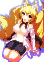Rule 34 | 1girl, animal ears, bare shoulders, blonde hair, breasts, cape, cleavage, cosplay, female focus, fox ears, fox tail, hat, large breasts, long sleeves, looking at viewer, merry (diameri), midriff, multiple tails, navel, off shoulder, open clothes, open shirt, shirt, short hair, shorts, sitting, smile, solo, tail, tongue, tongue out, touhou, wriggle nightbug, wriggle nightbug (cosplay), yakumo ran, yellow eyes