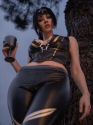 Rule 34 | 1girl, baldur&#039;s gate 3, breasts, cleavage, cosplay, cup, drinking glass, female focus, from below, highres, leather, leather pants, looking at viewer, looking down, medium breasts, pants, photo (medium), real life, sai westwood, scar, shadowheart (baldur&#039;s gate), solo, tagme, thick thighs, thighs, wine glass