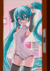 Rule 34 | 1girl, absurdres, armpits, black thighhighs, blue eyes, blue hair, blush, breasts, collared shirt, dated, detached sleeves, embarrassed, hatsune miku, hatsune miku (vocaloid4), head tilt, highres, long hair, looking at viewer, open door, panties, parted lips, roll interconch, shirt, skindentation, sleeveless, sleeveless shirt, small breasts, solo, striped clothes, striped panties, surprised, thighhighs, twintails, tying hair, underwear, very long hair, vocaloid, white shirt
