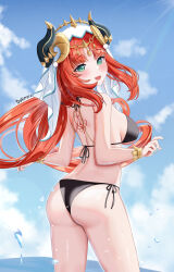 Rule 34 | 1girl, :d, absurdres, artist name, ass, bikini, black bikini, blush, breasts, commentary request, dokimaru, fake horns, fingernails, from behind, genshin impact, green eyes, highres, horns, large breasts, long hair, looking at viewer, looking back, nail polish, nilou (genshin impact), ocean, open mouth, outdoors, parted bangs, partial commentary, red hair, side-tie bikini bottom, sky, smile, solo, swimsuit, thighs, white headwear