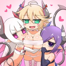 Rule 34 | 3girls, ahoge, arm around shoulder, bandaged horn, bare shoulders, black choker, black gloves, black panties, blonde hair, blue horns, blue ribbon, blush, blush stickers, boots, breasts, choker, cleavage, collarbone, commentary request, covered mouth, cross-laced footwear, demon girl, demon horns, demon tail, demon wings, elbow gloves, fang, flat chest, gint=ktouka, gloves, green eyes, grey horns, hair between eyes, hair over one eye, heart, highres, horn ornament, horn ribbon, horns, hug, huge breasts, long hair, looking at viewer, mon-musu quest!, monster girl, multicolored horns, multiple girls, navel, open mouth, oppai loli, panties, pink background, pink eyes, pink horns, pointy ears, purple eyes, purple hair, rami (mon-musu quest!), red horns, red ribbon, remi (mon-musu quest!), ribbon, ringed eyes, rumi (mon-musu quest!), short hair, simple background, smile, strapless, tail, thigh boots, triangle mouth, tube top, two-tone horns, underwear, v-shaped eyebrows, very long hair, white choker, white gloves, white hair, white panties, white tube top, wings
