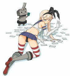 Rule 34 | 1girl, all fours, ass, bad id, bad twitter id, black hairband, black panties, blonde hair, blue sailor collar, blue skirt, card, commentary request, crop top, elbow gloves, from behind, gloves, grey eyes, hairband, highleg, highleg panties, kantai collection, karuta (card game), kitsuneno denpachi, long hair, looking at viewer, microskirt, miniskirt, panties, playing games, pleated skirt, rensouhou-chan, sailor collar, shimakaze (kancolle), skirt, striped clothes, striped thighhighs, thighhighs, underwear, white gloves