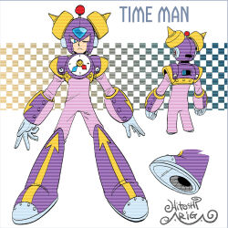 Rule 34 | 1boy, ;(, analog clock, android, aqua eyes, ariga hitoshi, armor, arrow (symbol), artist name, bell, blue background, blue eyes, blue gemstone, bodysuit, boots, character name, character sheet, checkered background, chest armor, clenched hands, clock, closed mouth, colored shoe soles, commentary request, concept art, cowboy shot, forehead jewel, from behind, full body, gem, gloves, gradient background, grey footwear, helmet, highres, joints, knee boots, light brown background, looking ahead, looking at viewer, male focus, mega man: powered up, mega man (classic), mega man (series), mega man megamix, multiple views, no humans, one eye closed, outstretched arms, pink bodysuit, radio antenna, robot, robot ears, robot joints, scanlines, screw, shoe soles, signature, simple background, spiked helmet, spread arms, standing, straight-on, time man, turnaround, white background, white gloves