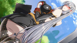 Rule 34 | 00s, 1girl, ass, bare shoulders, blush, breasts, dutch angle, ebido, from behind, gloves, highres, huge breasts, long hair, looking at viewer, looking back, microskirt, red eyes, sega, selvaria bles, senjou no valkyria (series), silver hair, skirt, solo, tan, tanline, thighs, thong, very long hair, wallpaper, wavy mouth