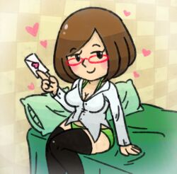 Rule 34 | 1girl, acfan120, arm up, bed, black thighhighs, blush, bob cut, bra, breasts, brown hair, buttons, cleavage, collared shirt, envelope, glasses, green bra, green panties, hand up, heart, holding, holding envelope, holding letter, letter, long sleeves, medium breasts, nikki (swapnote), nintendo, on bed, panties, parted bangs, red-framed eyewear, seductive smile, shirt, simple background, smile, thighhighs, underwear, white shirt