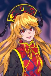Rule 34 | 1girl, :d, absurdres, black dress, blonde hair, blue background, dress, fire, fire, gradient background, headdress, highres, junko (touhou), long hair, long sleeves, looking at viewer, open mouth, red eyes, ribbon, simple background, smile, solo, swept bangs, tabard, teeth, tongue, touhou, upper body, yellow ribbon