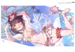 Rule 34 | 1girl, absurdres, bare shoulders, barefoot, bikini, bikini skirt, blush, bow, breasts, brown hair, granblue fantasy, hair bow, hairband, highres, innertube, navel, open mouth, red eyes, scrunchie, see-through, simple background, skirt, small breasts, star-shaped eyewear, star (symbol), stomach, striped bikini, striped clothes, sunglasses, swim ring, swimsuit, thigh strap, toes, vikala (blooming summer wallflower) (granblue fantasy), vikala (granblue fantasy), wrist scrunchie, yellowpaint.
