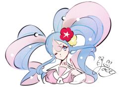 Rule 34 | 1girl, artist name, big hair, blue eyes, blue hair, choker, closed mouth, comfeer, creatures (company), earrings, fairy miku (project voltage), flower, game freak, gem, hair between eyes, hair flower, hair ornament, hand up, hatsune miku, heart, heart choker, jewelry, long hair, looking up, multicolored eyes, multicolored hair, nintendo, pearl (gemstone), pearl earrings, pearl hair ornament, pink choker, pink eyes, pink hair, pokemon, portrait, project voltage, red flower, signature, simple background, solo, twintails, two-tone hair, v, vocaloid, white background, yellow flower