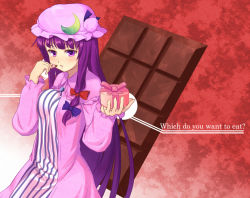Rule 34 | 1girl, candy, chocolate, chocolate bar, crescent, english text, female focus, food, hat, ket-c, lipstick, long hair, makeup, patchouli knowledge, purple hair, ribbon, solo, touhou
