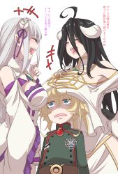 3girls :d ahoge albedo_(overlord) bare_shoulders belt black_hair blonde_hair breast_envy breast_rest breasts breasts_on_head brown_belt closed_eyes dress emilia_(re:zero) facing_another flower gem green_jacket grey_hair hair_between_eyes hair_flower hair_ornament hair_ribbon hal_(goshujinomocha) highres horns isekai_quartet jacket large_breasts long_hair multiple_girls open_mouth overlord_(maruyama) purple_ribbon re:zero_kara_hajimeru_isekai_seikatsu ribbon smile tanya_degurechaff translation_request upper_body white_dress white_flower youjo_senki